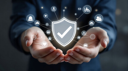 Cyber security concept hands holding shield with checkmark data protection and network security system