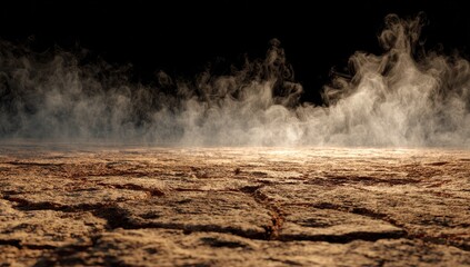 Dried, cracked earth surface with smoky haze