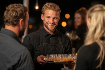 Smiling waiter serving drinks to guests at an event