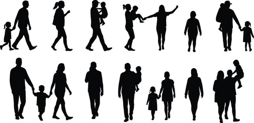 Family silhouette set, black and white illustration, adult and child interaction, walking together, parenting moments, emotional bonding graphic pack