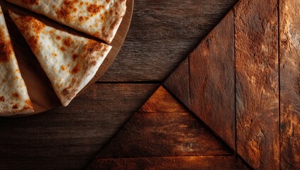 Four cheesy pizza slices on a wooden board, atop a rustic wooden surface with a geometric pattern