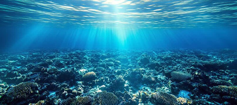 Shallow underwater seabed coral. Aqua blue water. Generative video AI technology.	
