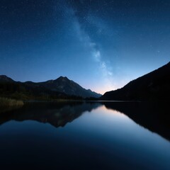 starry night over calm lake, mountains silhouette, Milky Way visible