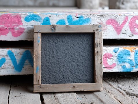 A picture frame sitting on top of a wooden bench