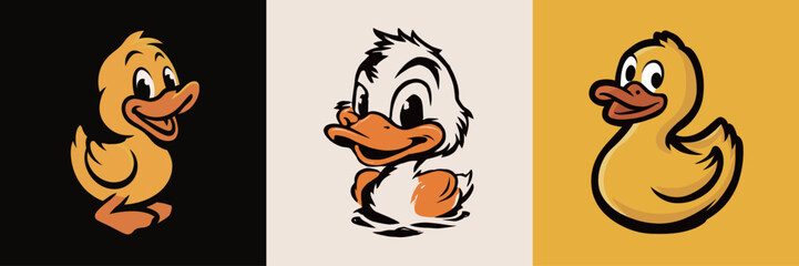 Three cartoon ducks display playful expressions against vibrant backgrounds.