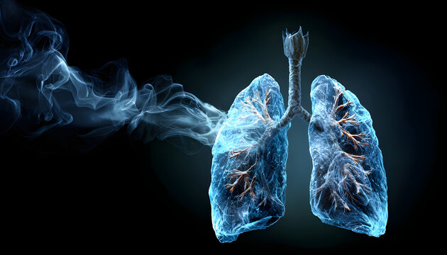 A pair of human lungs with visible smoke escaping, possibly indicating respiratory problems or smoking-related issues - Powered by Adobe