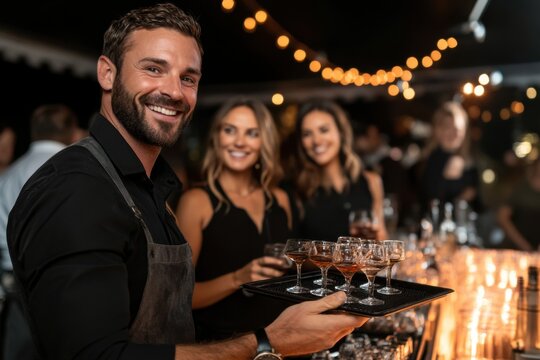 Smiling bartender serving drinks at a lively bar party