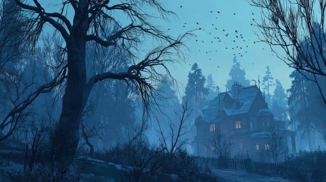 Creepy haunted house surrounded by dark leafless trees in foggy spooky forest at night with full moon and eerie atmosphere
