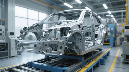 Car chassis assembly in a modern automotive manufacturing facility