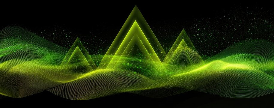 Abstract luminous green landscape with triangular peaks rising from undulating, particle-filled waves against a black background