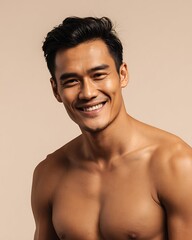 Asian man with smooth chest after waxing, confident smile, clean studio background, male grooming beauty stock