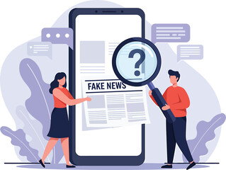 Fake News Detection Illustration with People Using Smartphone, Magnifying Glass, and Question Mark Symbol Representing Media Misinformation
