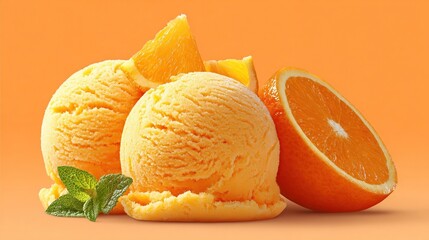 Refreshing orange sorbet delight, crowned with fresh fruit and vibrant green mint sprigs