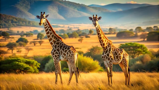 Two Giraffes Standing Tall in the African Savanna Landscape at Golden Hour - Powered by Adobe