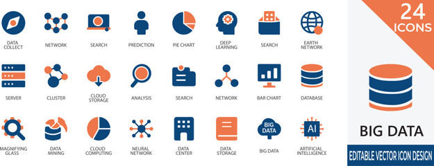 Modern filled-style icon set illustrating big data, analytics, and cloud computing concepts. Perfect for apps, websites, and presentations focused on data science and digital innovation.