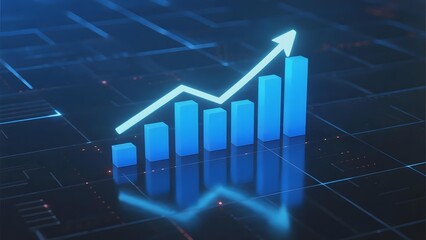 Blue bar chart with upward arrow on digital grid background showing growth trend