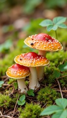 Fototapeta premium Group of red mushrooms growing on forest floor with green moss 