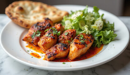 Deliciously seasoned grilled chicken skewers served with naan bread and a fresh salad.