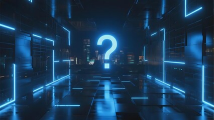 Futuristic corridor with glowing blue question mark in a high-tech environment
