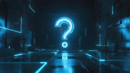 Neon question mark glowing in a futuristic corridor with blue lighting and reflective surfaces