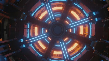 Futuristic circular structure with glowing blue and orange lights in a high-tech environment