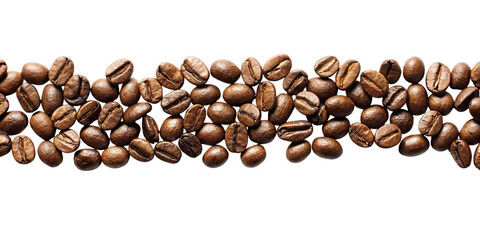 Close up of roasted coffee beans in a horizontal line isolated on transparent background