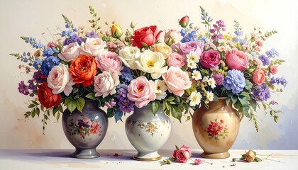 Vibrant floral still life in ornate vases
