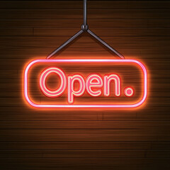 Open neon sign glowing on wooden wall background, inviting and welcoming atmosphere