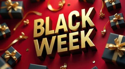 Golden black week text surrounded by gift boxes and confetti