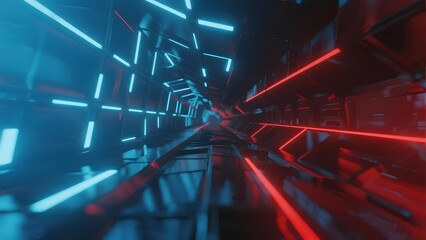 Neon-lit futuristic tunnel with glowing red and blue lights creating a high-tech corridor effect