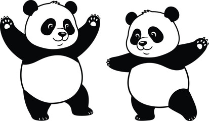Two cute cartoon pandas dancing happily, black and white vector illustration, perfect for kids, comics, educational content, posters, or playful design..eps