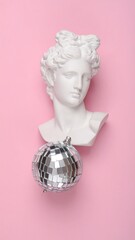 A white bust statue with a disco ball