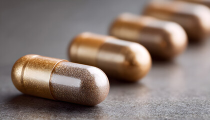 Close Up of iron ferrum supplement capsules rolling on surface in sequence