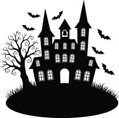Black silhouette haunted house illustration, spooky Halloween scene with bats and tree, eerie night concept, cad drawing flat vector illustration
