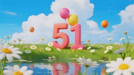 Number 51 in a vibrant meadow with floating balloons and daisies reflecting in water