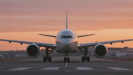 Naklejka premium Commercial airplane on runway during sunset