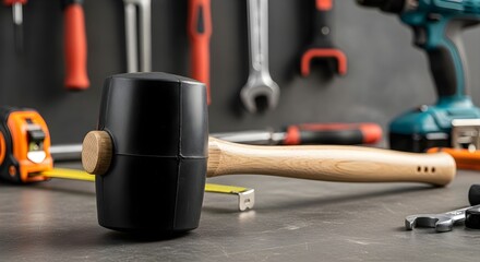 Close-up image of a black rubber mallet with a wooden handle placed on a workbench, surrounded by various hand tools and equipment, ideal for construction, carpentry, and DIY projects requiring gentle