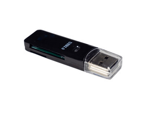 Computer external card reader. USB SD and mini SD memory card reader. Data transferring device