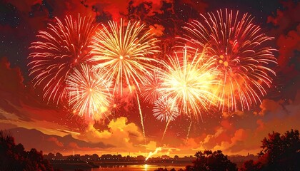 Vibrant fireworks explode against a fiery sunset sky over a tranquil city landscape.