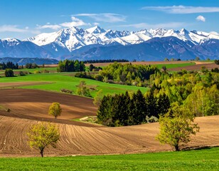 A vast expanse of rolling hills, dotted with trees and fields, stretches beneath a backdrop of snow-capped mountains on a sunny day.