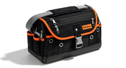 High-quality black and orange tool bag with multiple compartments, sturdy zippers, and a padded shoulder strap, designed for organizing and carrying tools for construction, repair