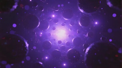 Abstract cosmic scene with glowing purple orbs and radiant center light