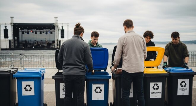 Ecoconscious volunteers sorting waste into recycling containers with a concert stage in the background.
