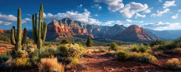 Desert landscape with cacti and red rocks concept. Breathtaking desert landscape with vibrant mountains and cacti.