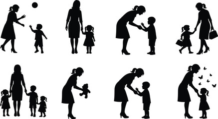 Black silhouette of woman with children, parenting and caregiving moments, emotional support scenes, family bond concept, cad drawing flat vector illustration
