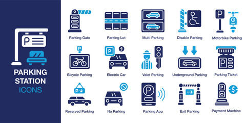 Parking Station icon set. Containing city, vehicle, auto, charger, eco and more. Solid vector icons collection. Vector illustration.