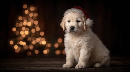 A golden retriever dog in a Santa Claus suit and hat lies under the Christmas tree and smiles. New Year's dog mascot for a pet store. A dog at Christmas against the background of garlands.