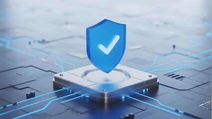 Fototapeta premium Digital security shield icon hovering over a circuit board with glowing blue connections, symbolizing cybersecurity and data protection.