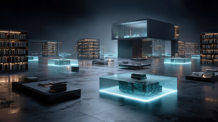 A glowing digital library in the metaverse with holographic books floating in the air