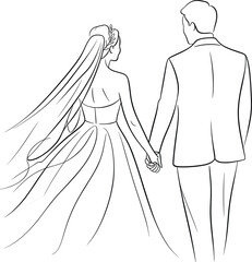 Wedding couple holding hands, romantic bride and groom illustration, elegant wedding dress and suit, romantic moment, marriage celebration art.